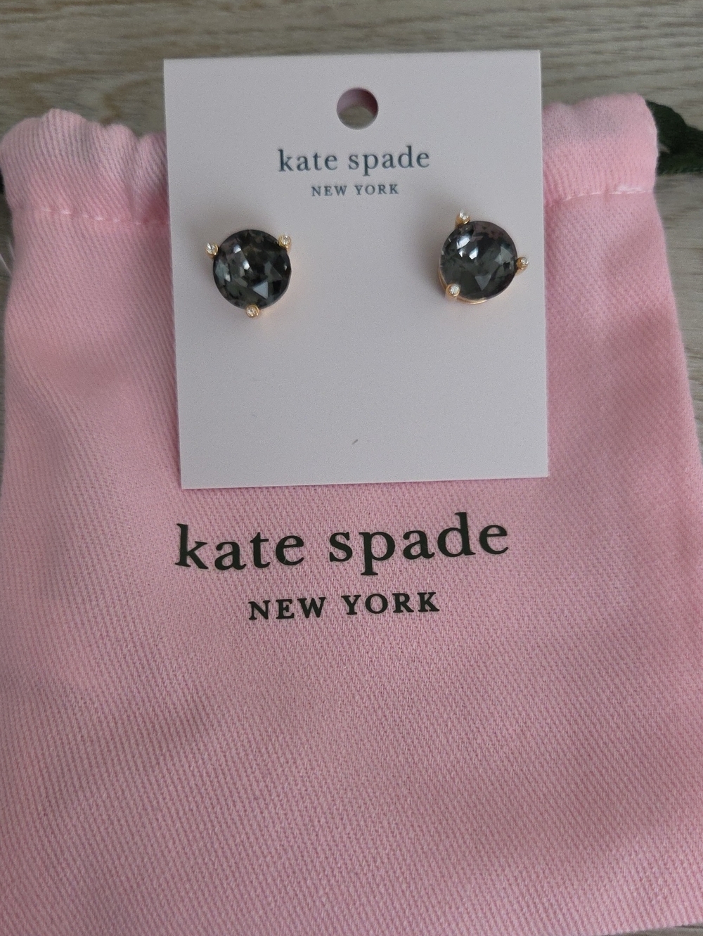 kate spade Gold-Trim Gray Crystal Stud Earrings with Pink Pouch